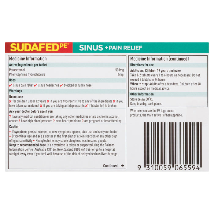 Sudafed PE Sinus and Pain Tablets 24