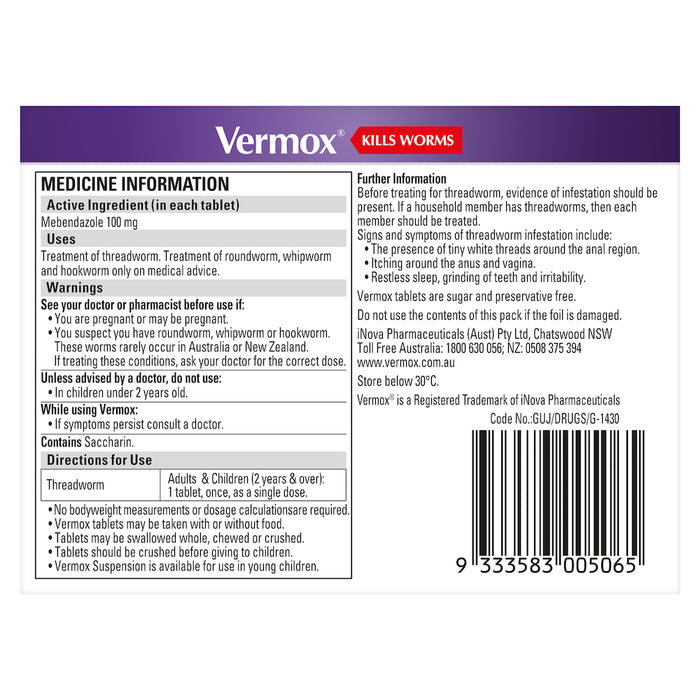 Vermox 100mg Tablets 6