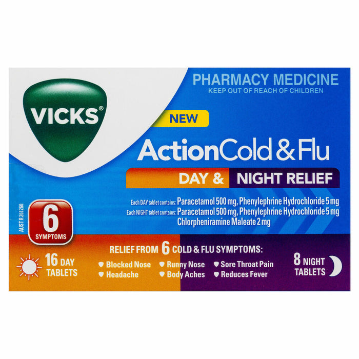 Vicks Action Cold & Flu Day & Night Relief 24 Tablets