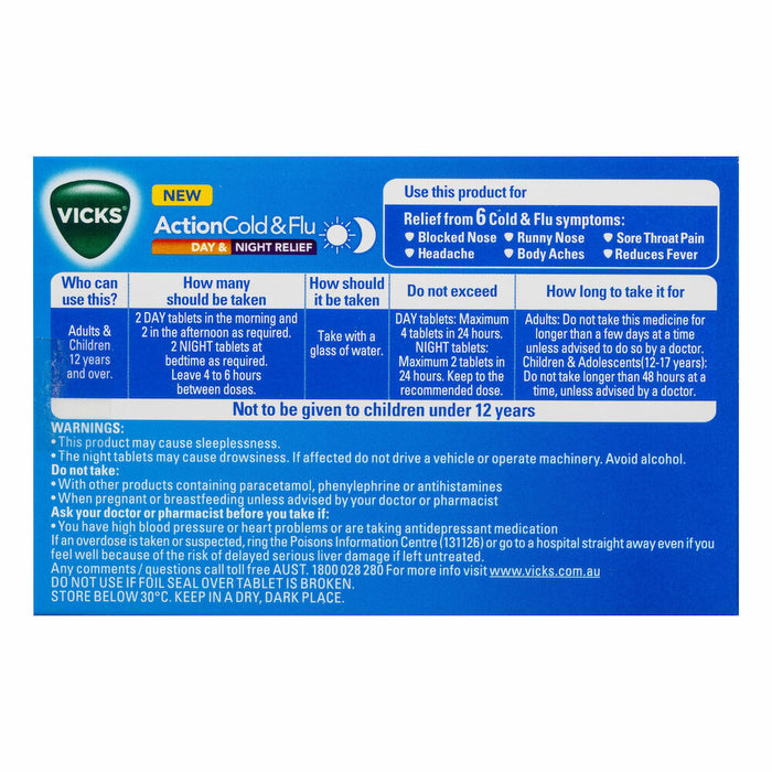 Vicks Action Cold & Flu Day & Night Relief 24 Tablets