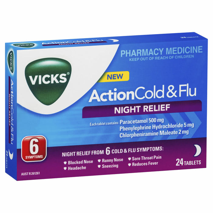 Vicks Action Cold & Flu Night Relief Tablets 24