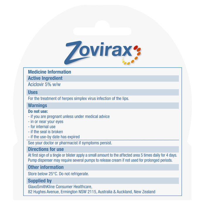 Zovirax Cold Sore Cream 5% Pump 2g